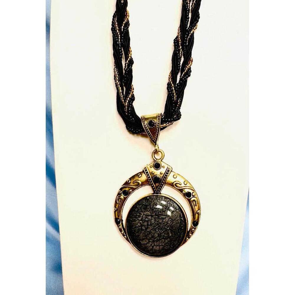 Black Bead, Cord & Gold Bead Braided Necklace w/Gray Stone in Gold Tone Pendant